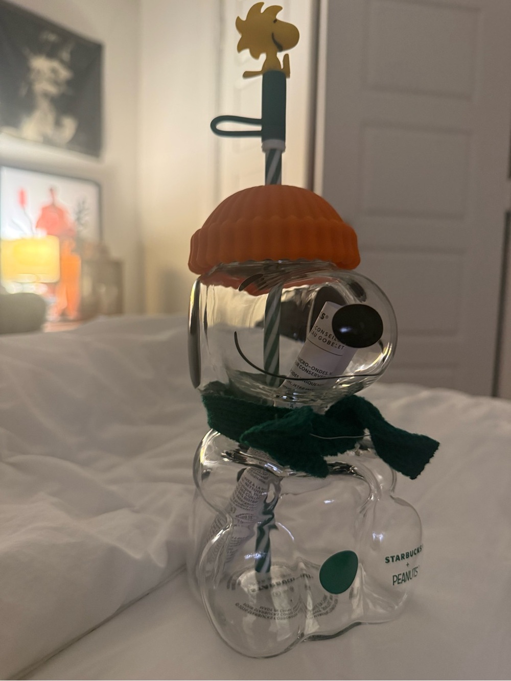 Starbucks Clear Peanuts Snoopy Glass Cup with Orange Hat and Green Scarf